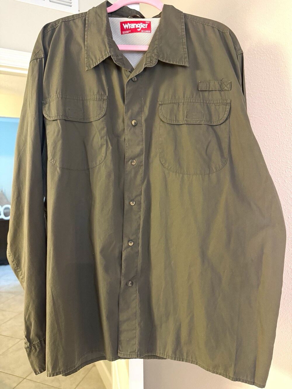 Wrangler Mens 3XL Cotton Woven Green Long Sleeve Pockets Button-Up Shirt